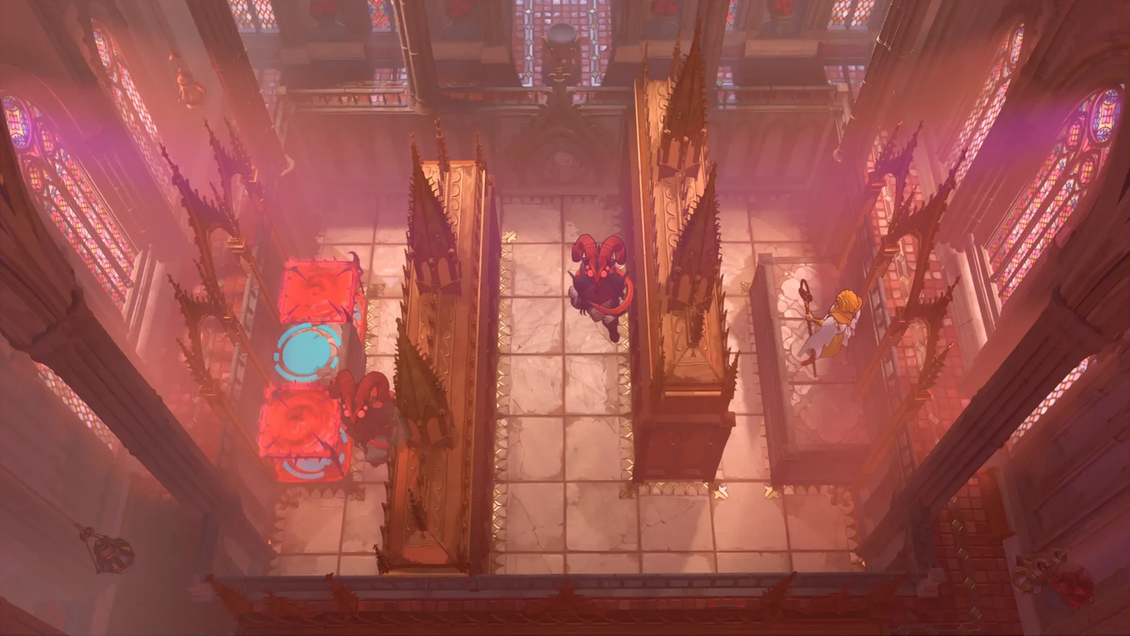 Characters stand among coloured puzzle blocks inside a warmly lit stone chamber.