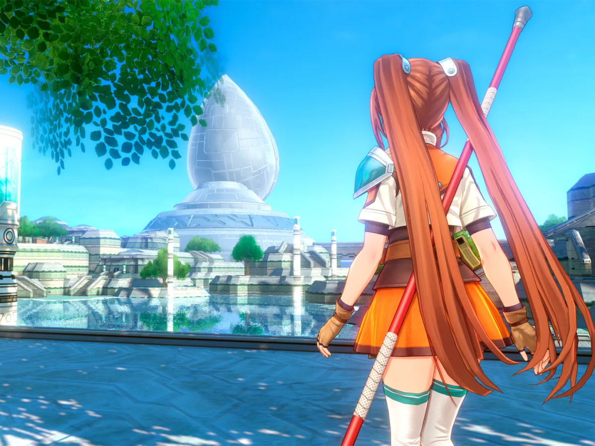 A character looks across a sunlit waterside district in Trails in the Sky 2nd Chapter.