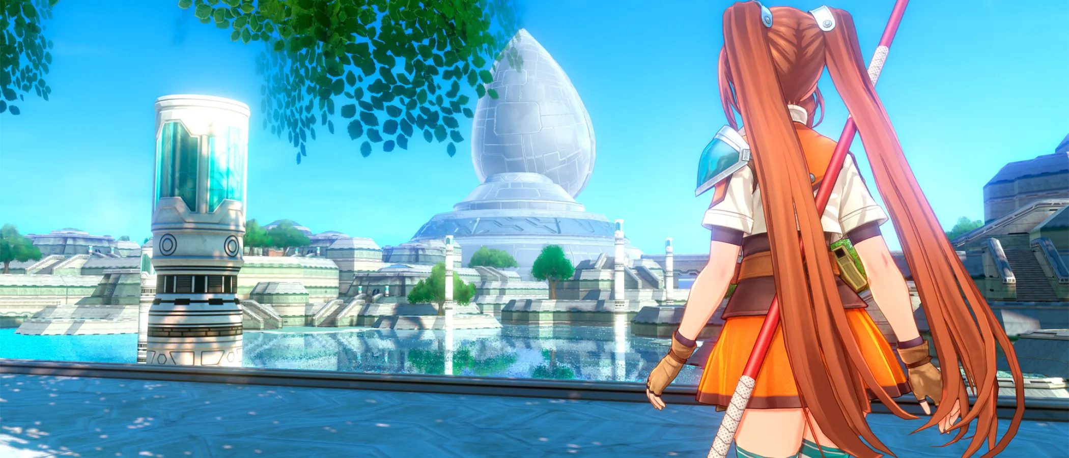 A character looks across a sunlit waterside district in Trails in the Sky 2nd Chapter.