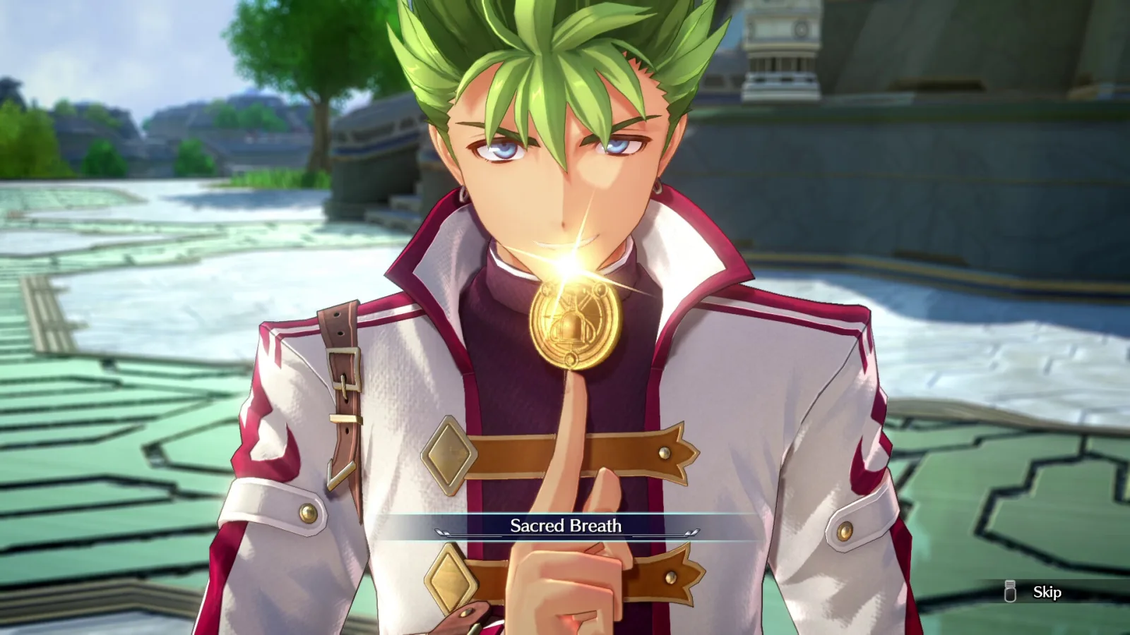 A green-haired party member stands in a bright stone plaza during a scene in Trails in the Sky 2nd Chapter.