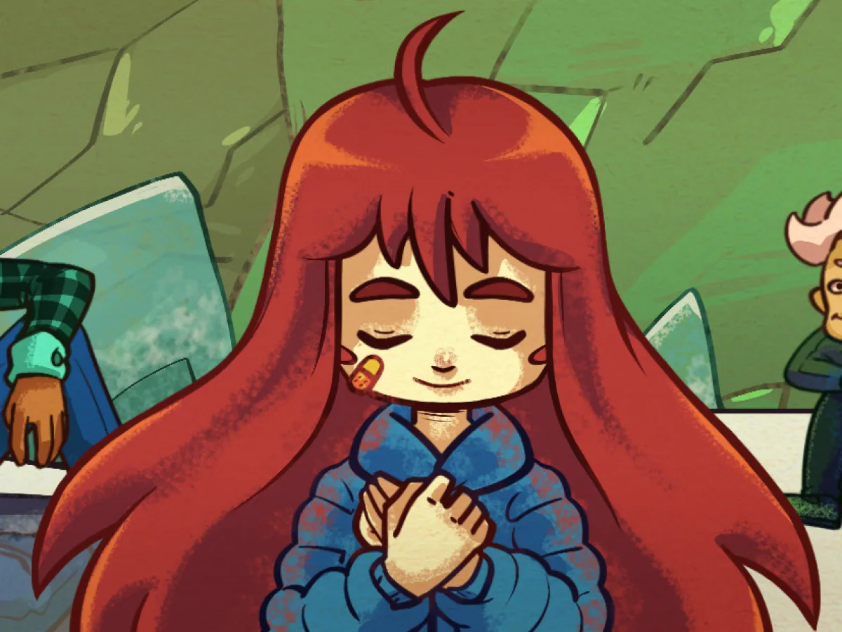 Celeste artwork shows Madeline seated between two other characters in a rocky setting