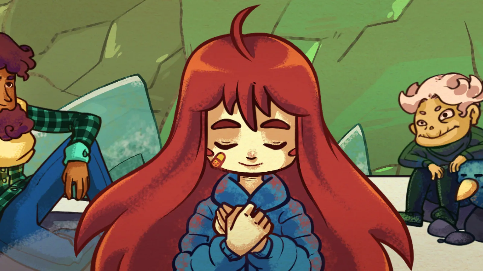 Celeste artwork shows Madeline seated between two other characters in a rocky setting
