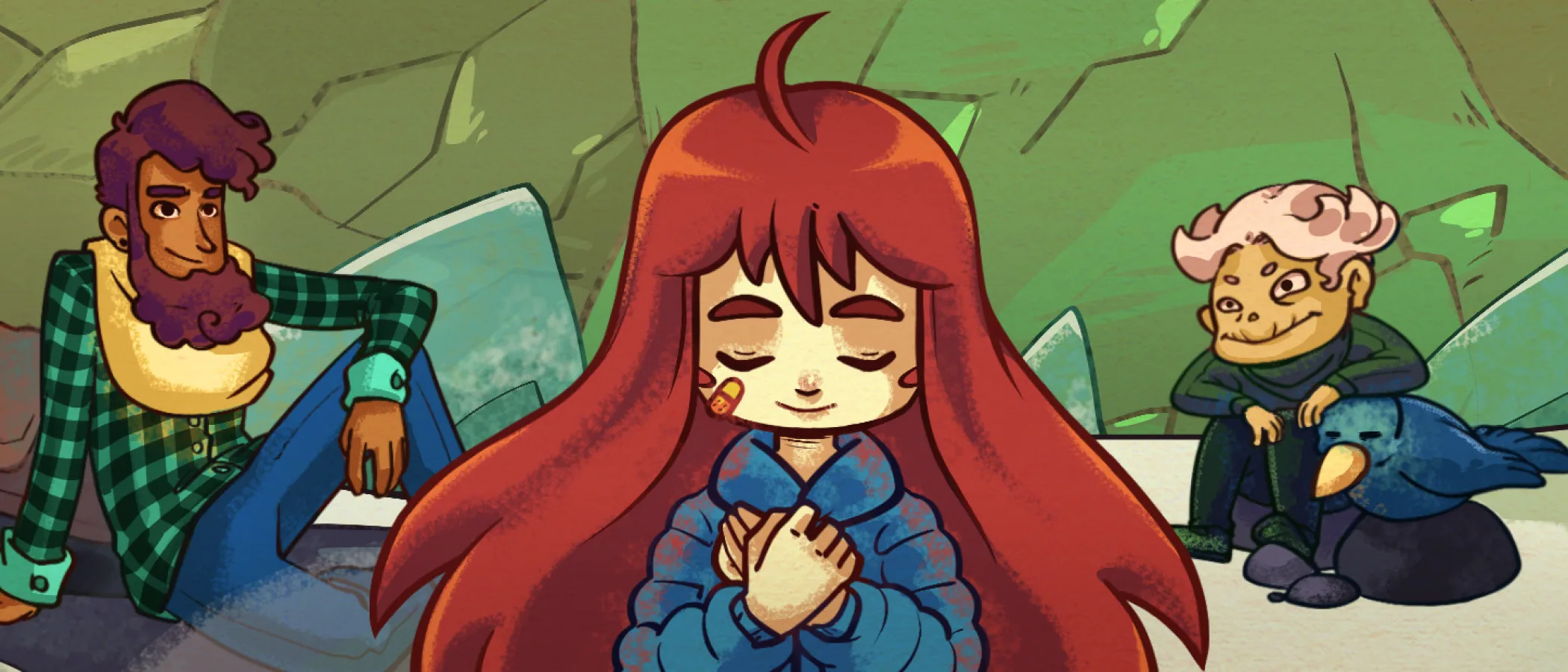 Celeste artwork shows Madeline seated between two other characters in a rocky setting