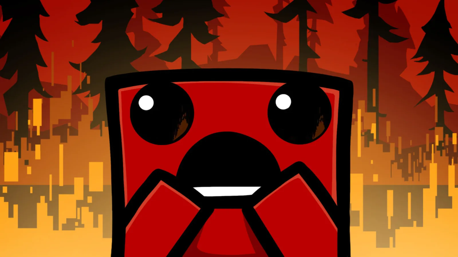 Super Meat Boy stands in the foreground of an orange forest scene