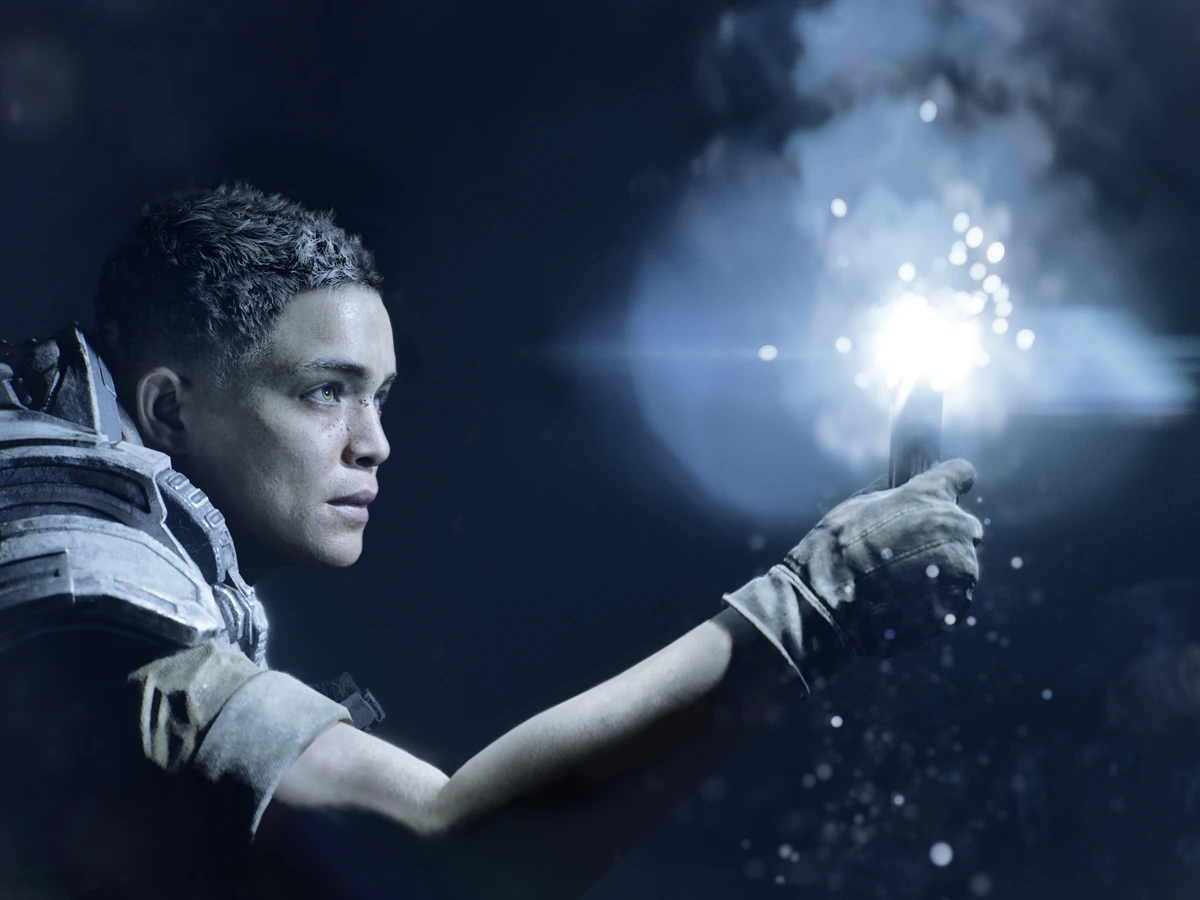Mags Carter holds a bright flare in an official Gears of War: E-Day campaign screenshot.