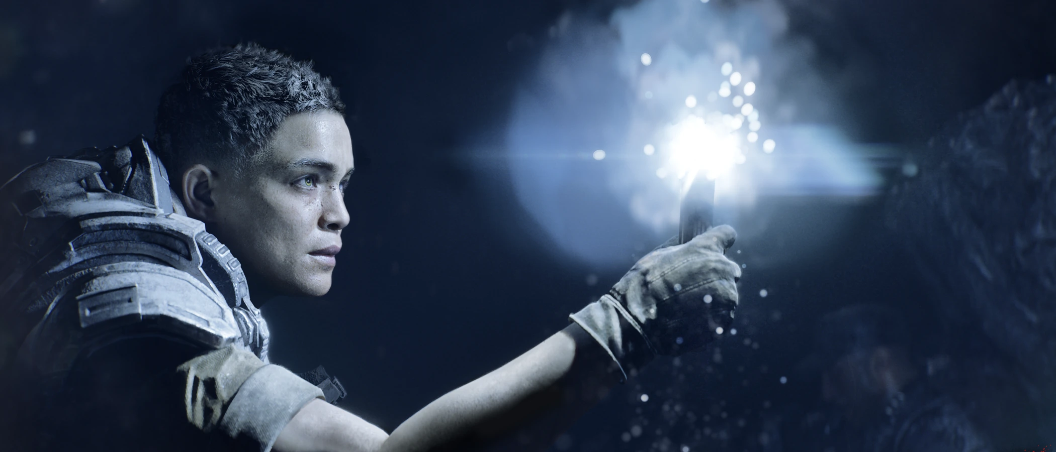Mags Carter holds a bright flare in an official Gears of War: E-Day campaign screenshot.