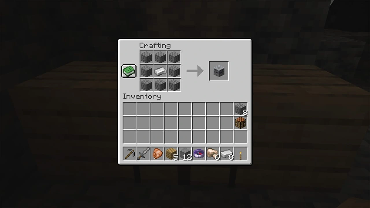 Official Minecraft crafting screen with an iron ingot surrounded by eight chiseled stone bricks