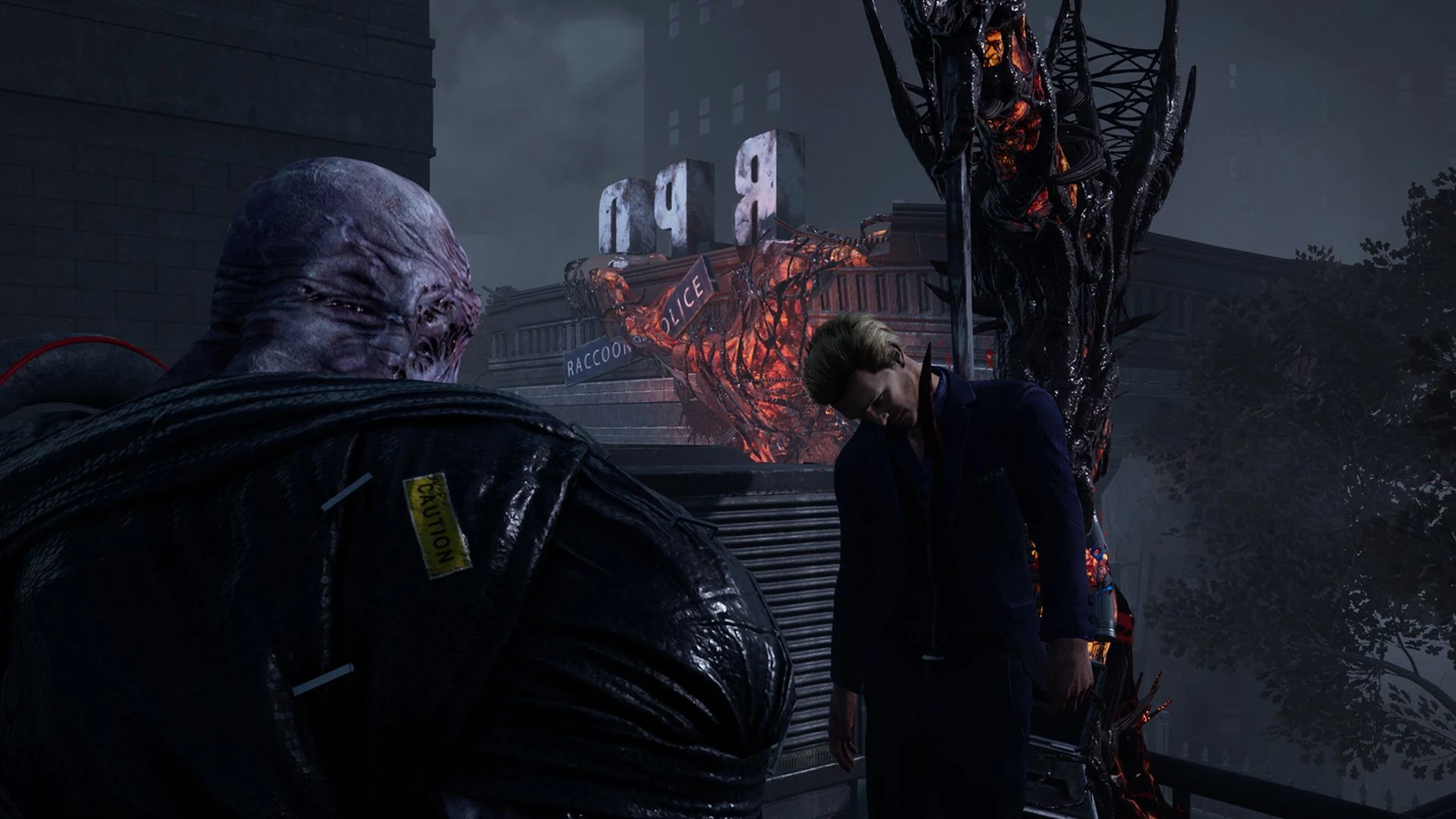 The Nemesis beside a survivor on a hook in Behaviour's official Dead by Daylight screenshot