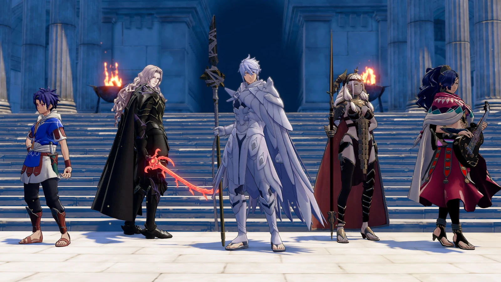 Six Fire Emblem: Fortune's Weave characters stand on stone steps before blue columns.