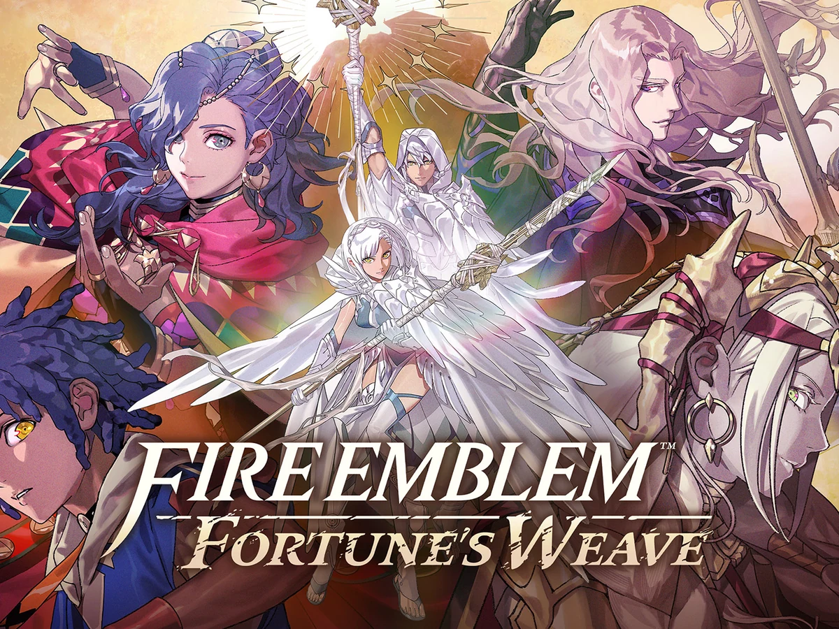 Six Fire Emblem: Fortune's Weave characters surround the game's logo in painted key art.