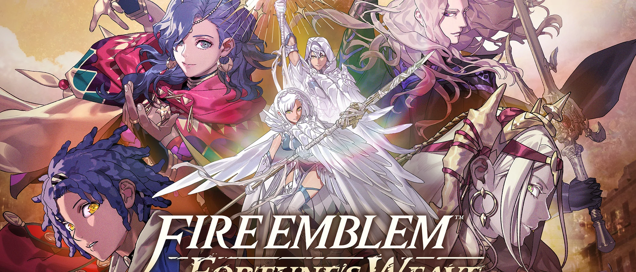 Six Fire Emblem: Fortune's Weave characters surround the game's logo in painted key art.