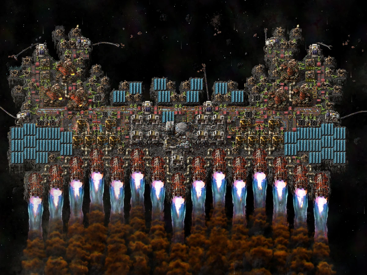 A Factorio space platform firing its thrusters while defensive turrets face approaching asteroids