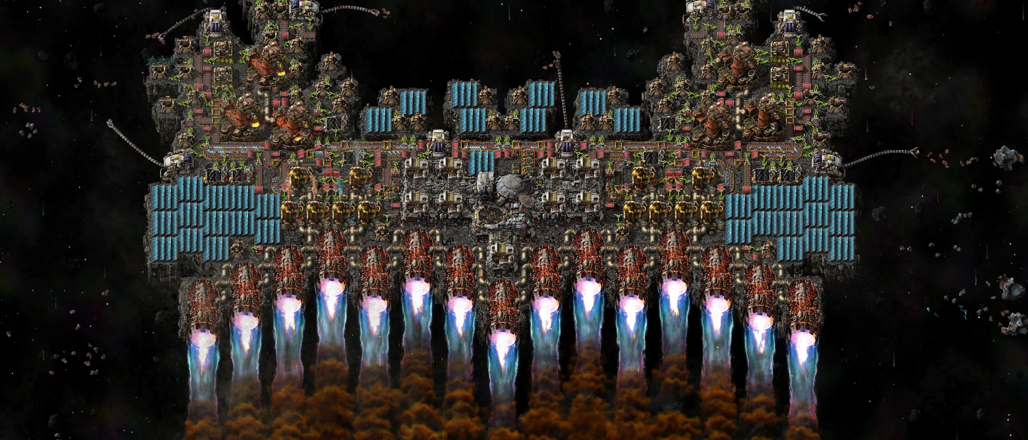 A Factorio space platform firing its thrusters while defensive turrets face approaching asteroids