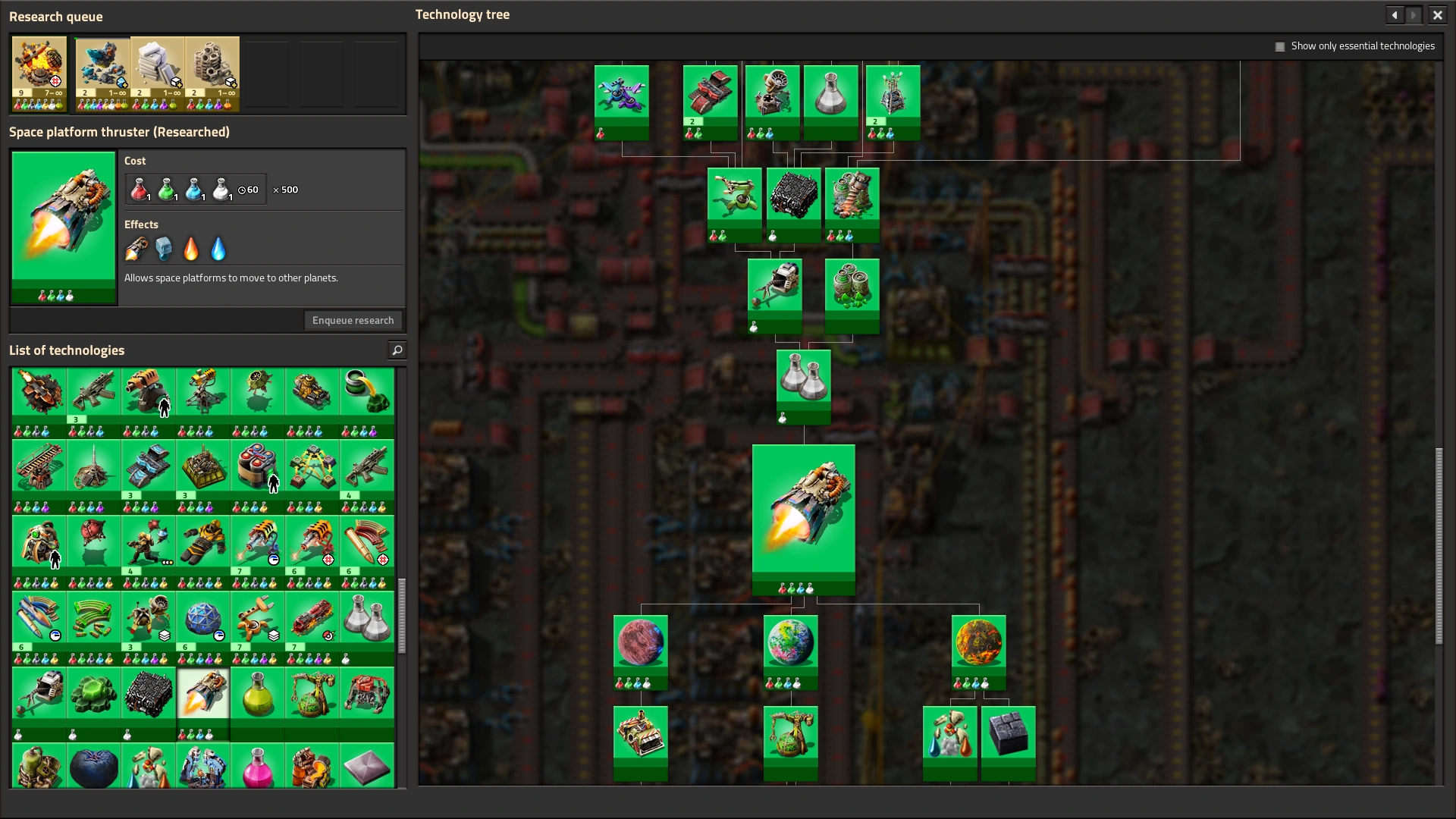 Space platform thruster research with three planet discoveries beneath it in Factorio
