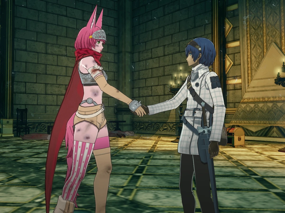 The protagonist shakes hands with a pink-haired supporter in a stone hall.
