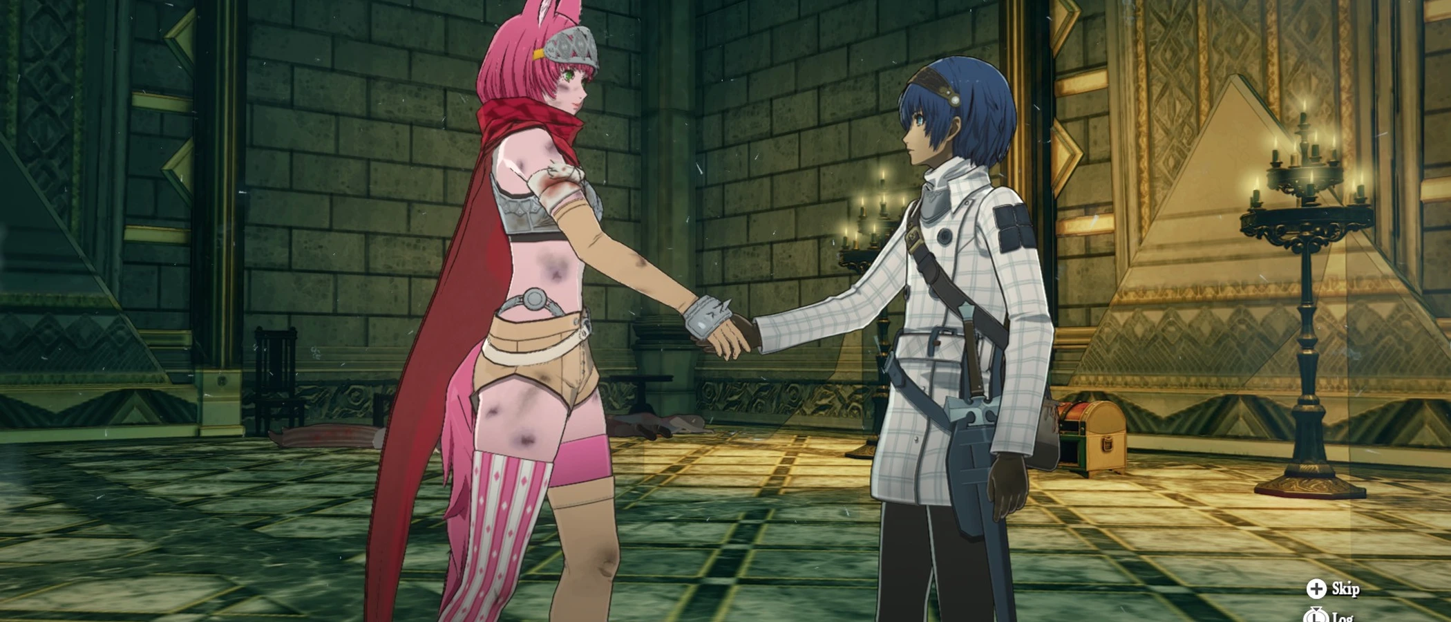 The protagonist shakes hands with a pink-haired supporter in a stone hall.