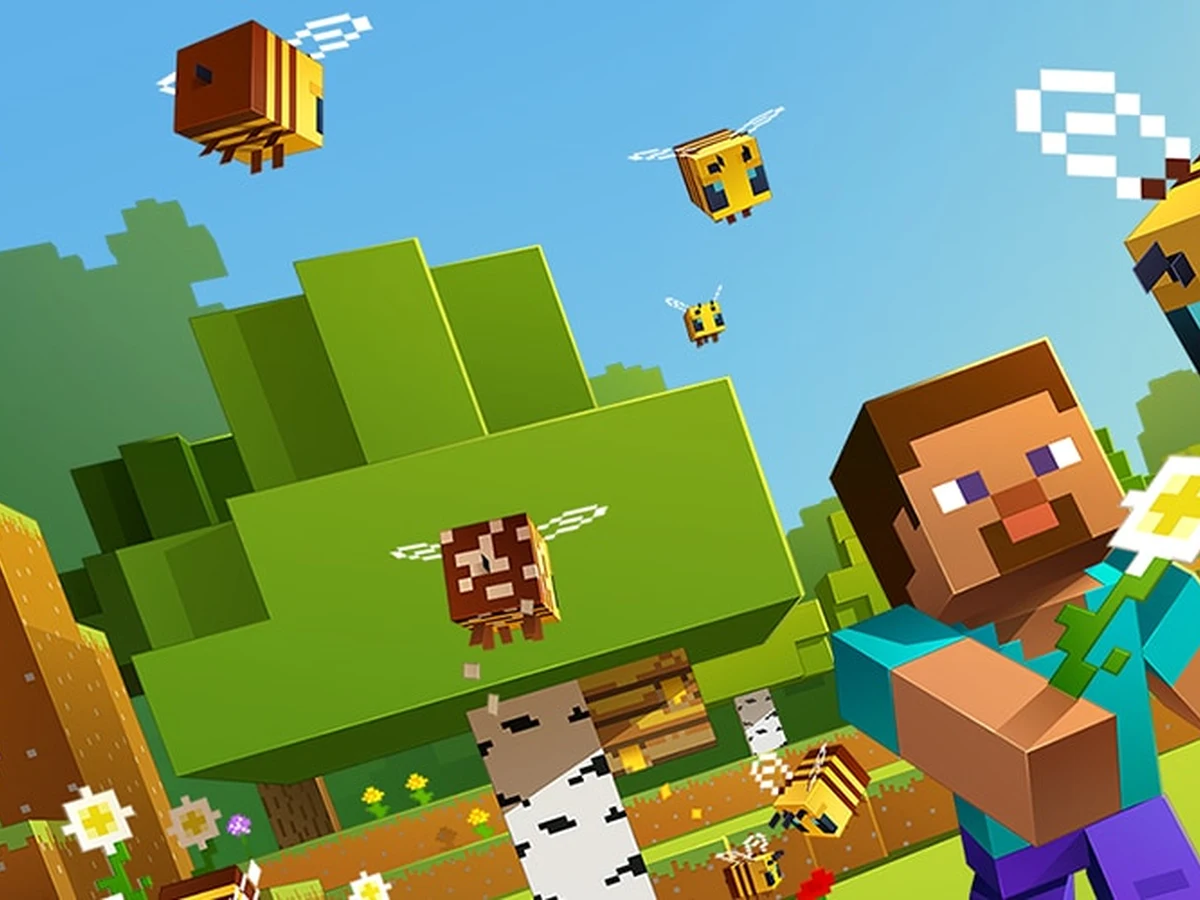 Steve holds a flower while Alex and bees gather around tree-mounted nests in Minecraft.