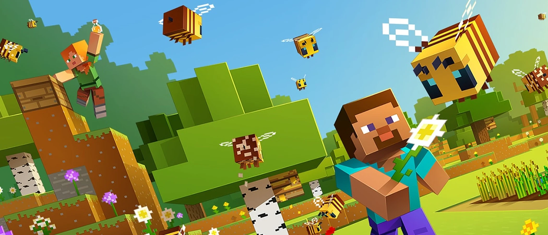 Steve holds a flower while Alex and bees gather around tree-mounted nests in Minecraft.