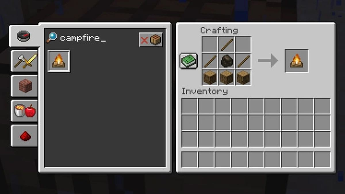 Minecraft crafting grid shows three logs below coal, with sticks above and beside the coal, producing a campfire.