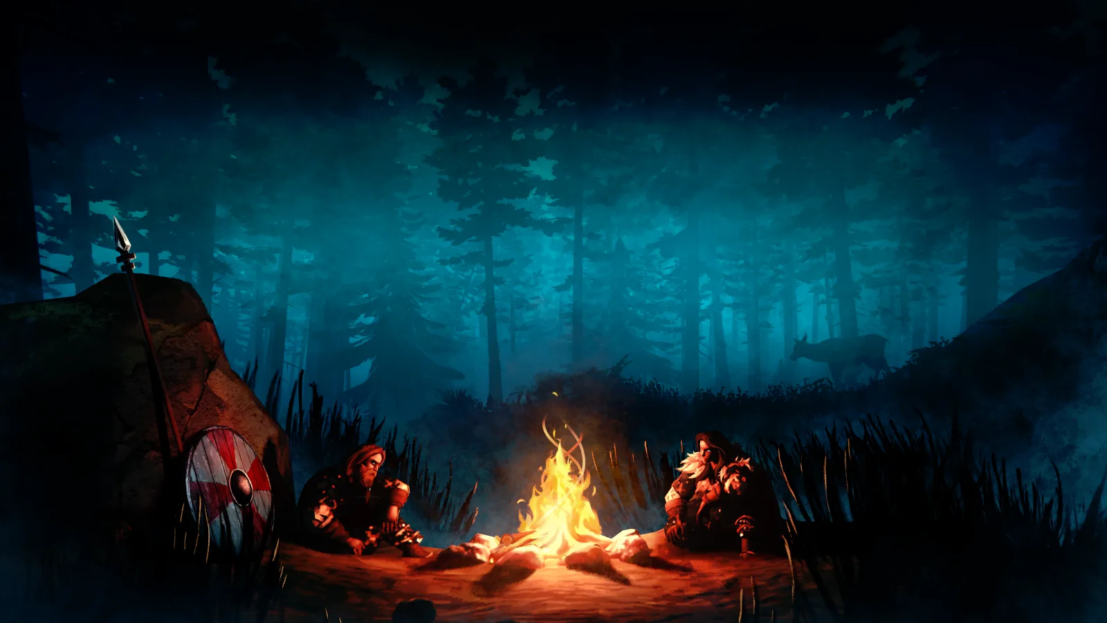 Two Viking characters sit beside a campfire in a misty forest, with a third near a tent behind them.