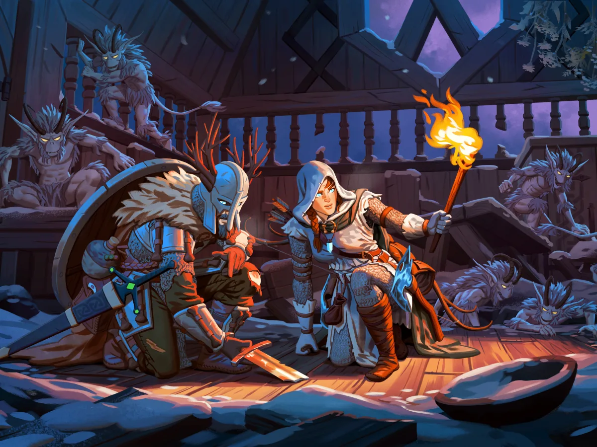 Two Viking warriors confront blue-furred creatures in a snowy ruined hall in Valheim's Deep North.