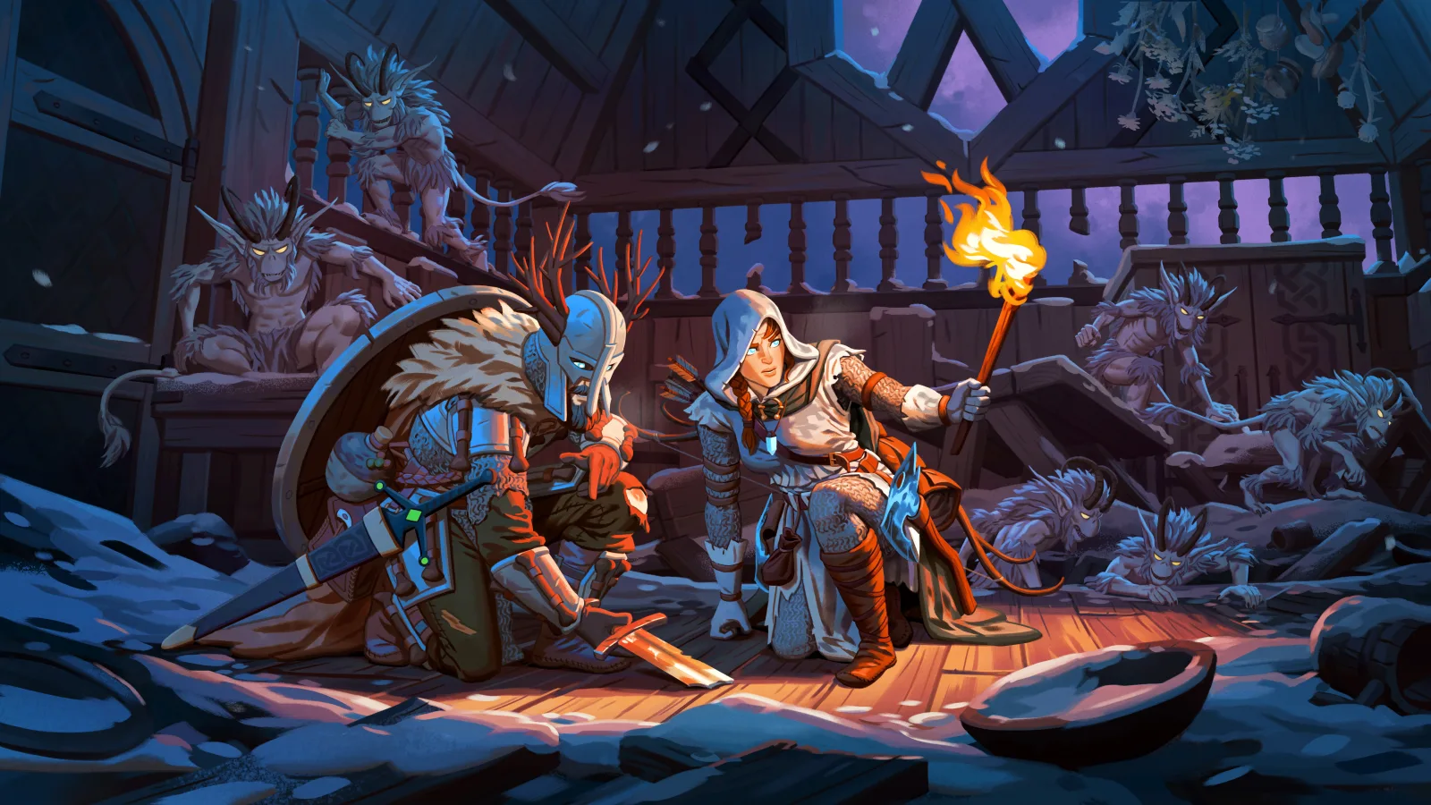 Two Viking warriors confront blue-furred creatures in a snowy ruined hall in Valheim's Deep North.