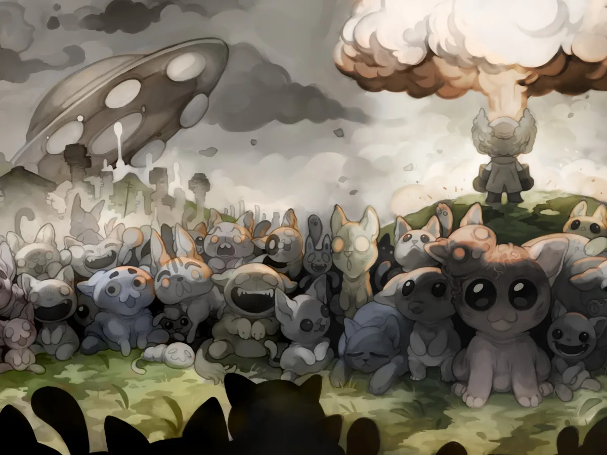 A group of colourful cartoon cats from Mewgenics stand together beneath a stormy sky.