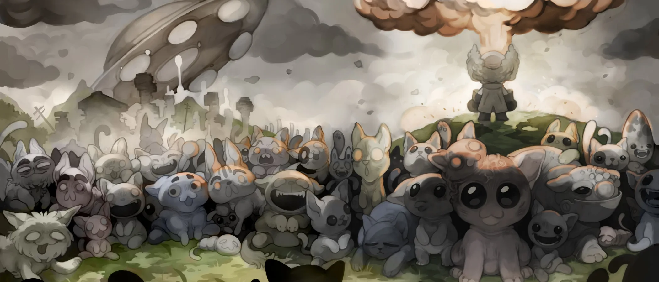A group of colourful cartoon cats from Mewgenics stand together beneath a stormy sky.
