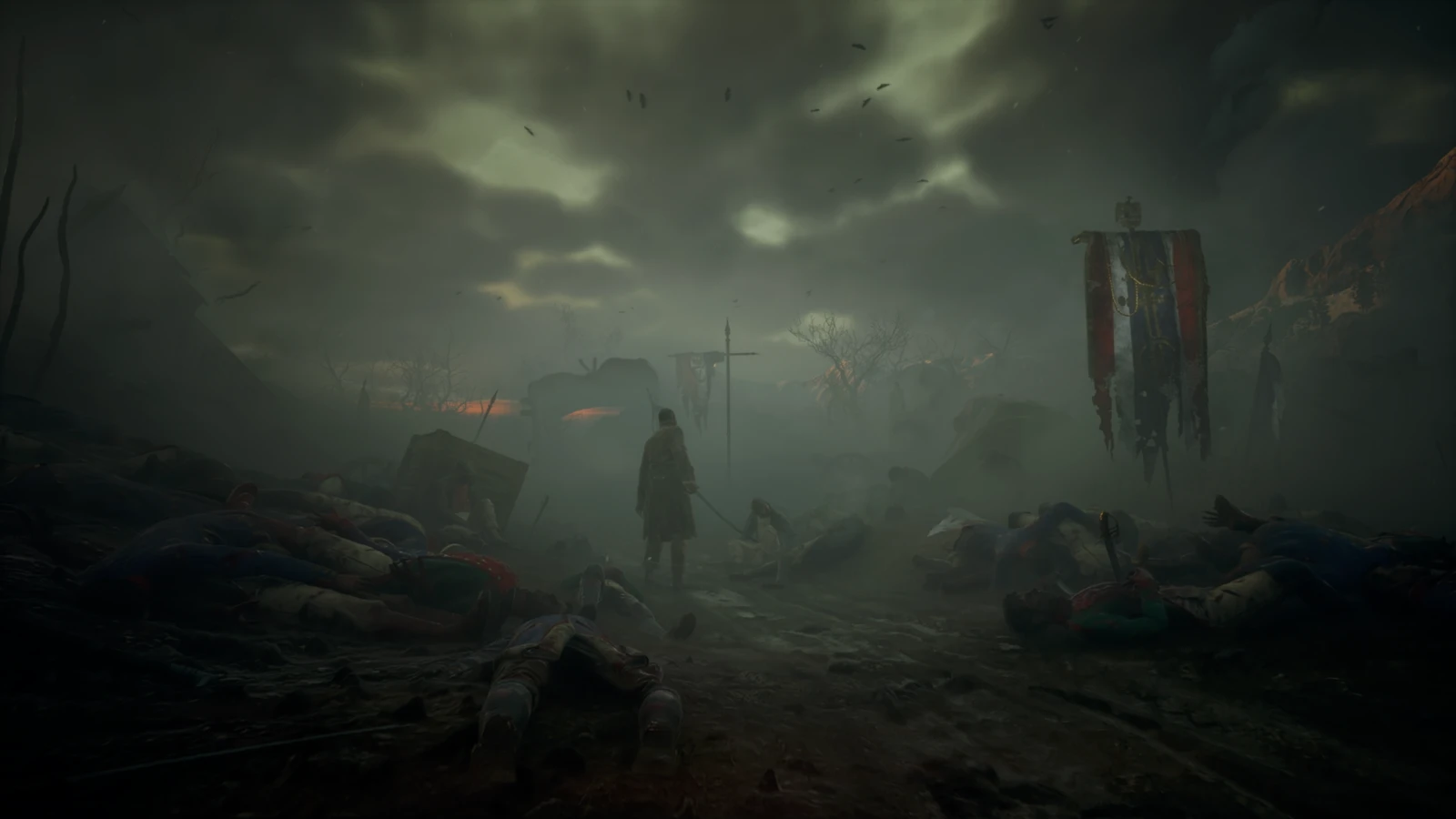 A lone soldier stands on a foggy battlefield amongst fallen bodies in Valor Mortis.