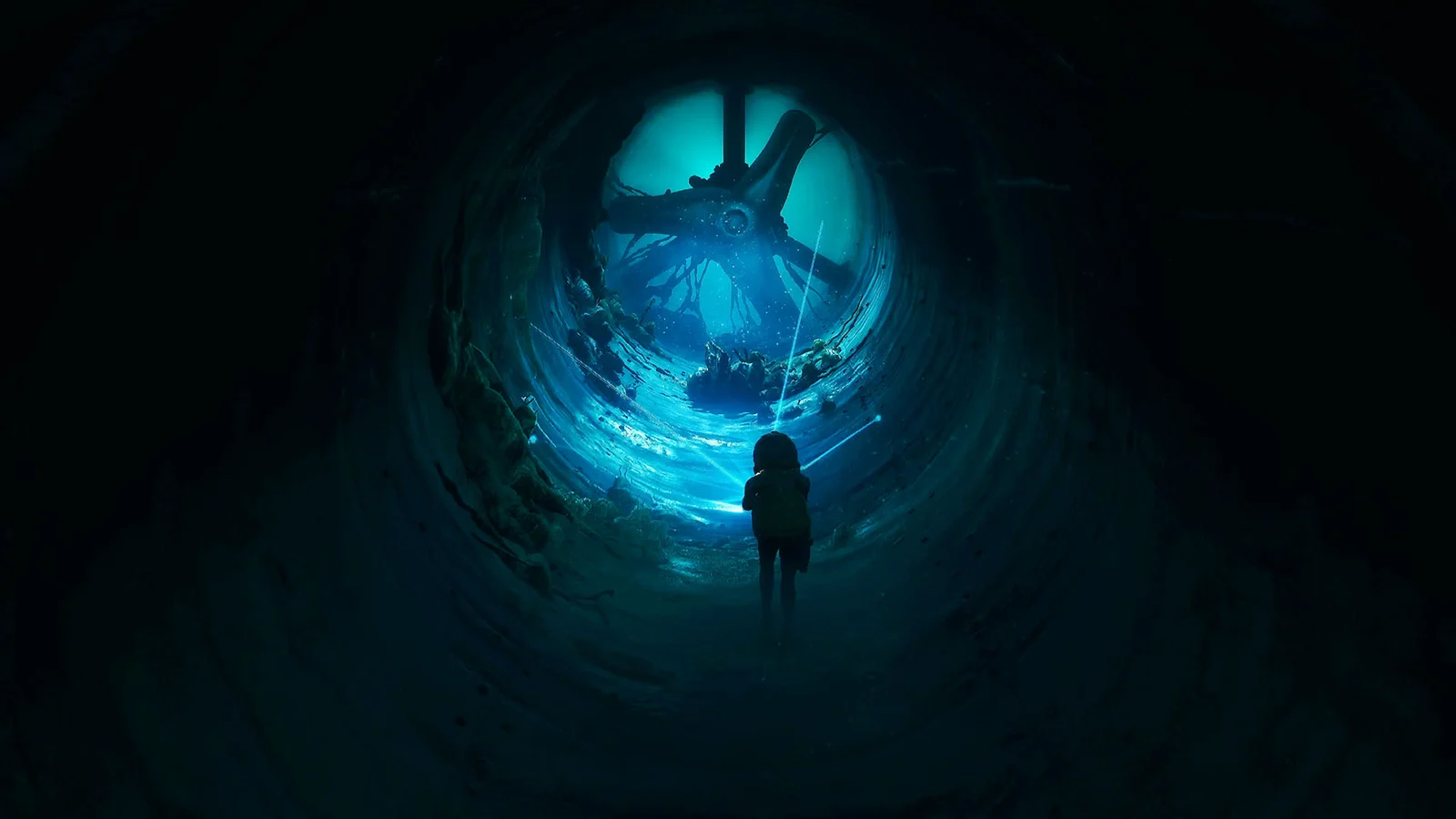 Cel stands at the mouth of a blue-lit circular pipe beneath tangled growths