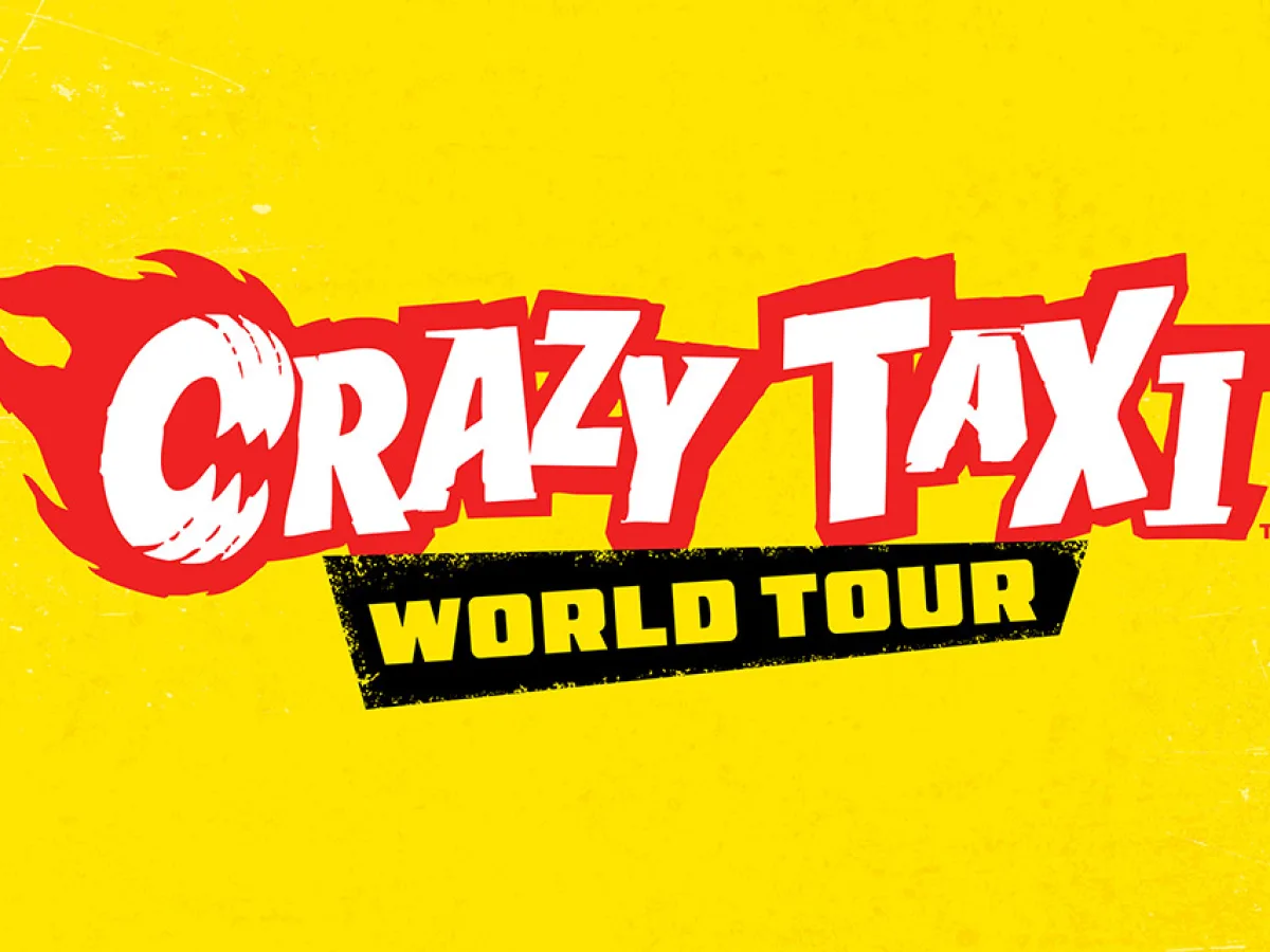 The Crazy Taxi World Tour logo appears on a yellow textured background.