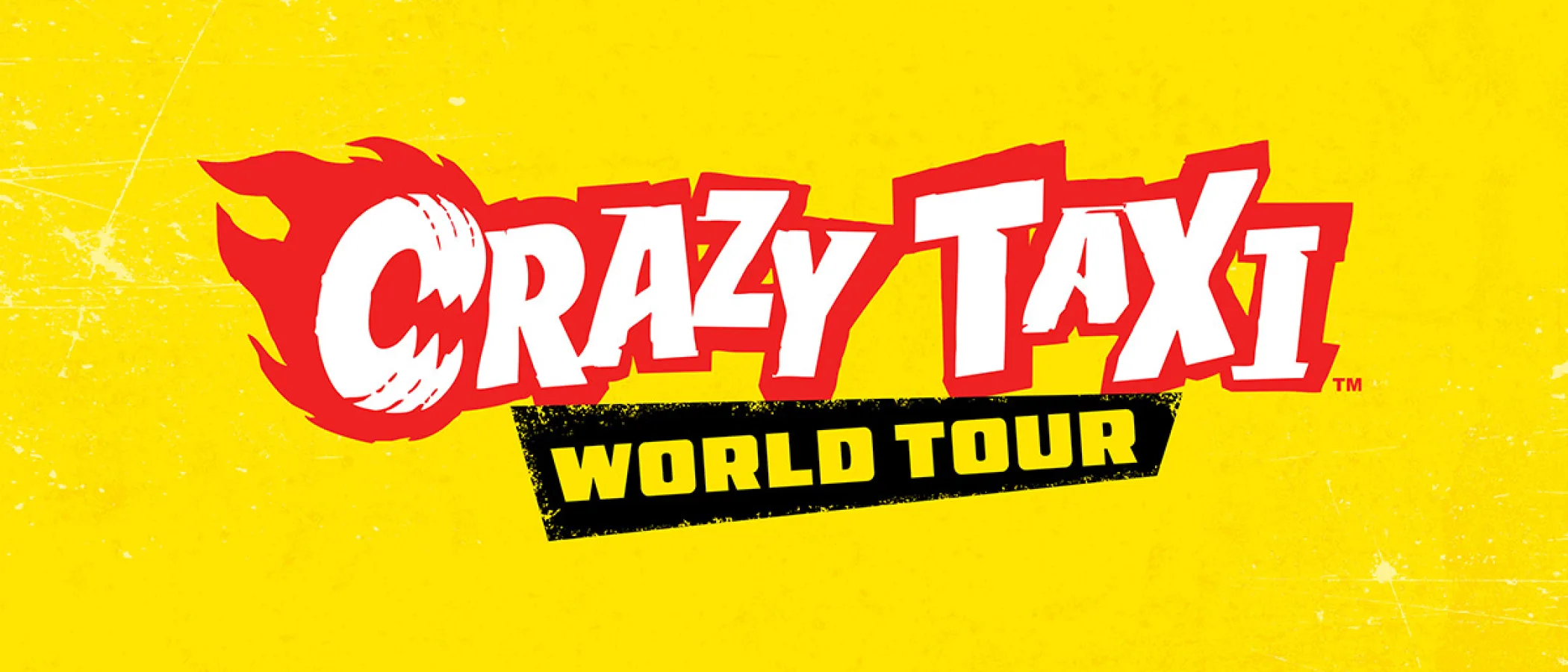 The Crazy Taxi World Tour logo appears on a yellow textured background.