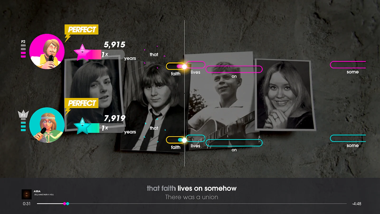 Two coloured vocal tracks and separate scores over photographs of ABBA