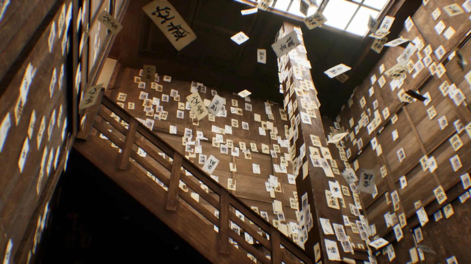 A wooden stairwell is covered with paper notes in a distorted interior in BrokenLore: DON'T LIE.