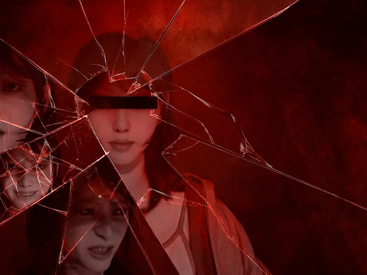 Three versions of Junko appear in fragments of a shattered mirror against a red backdrop in BrokenLore: DON'T LIE artwork.