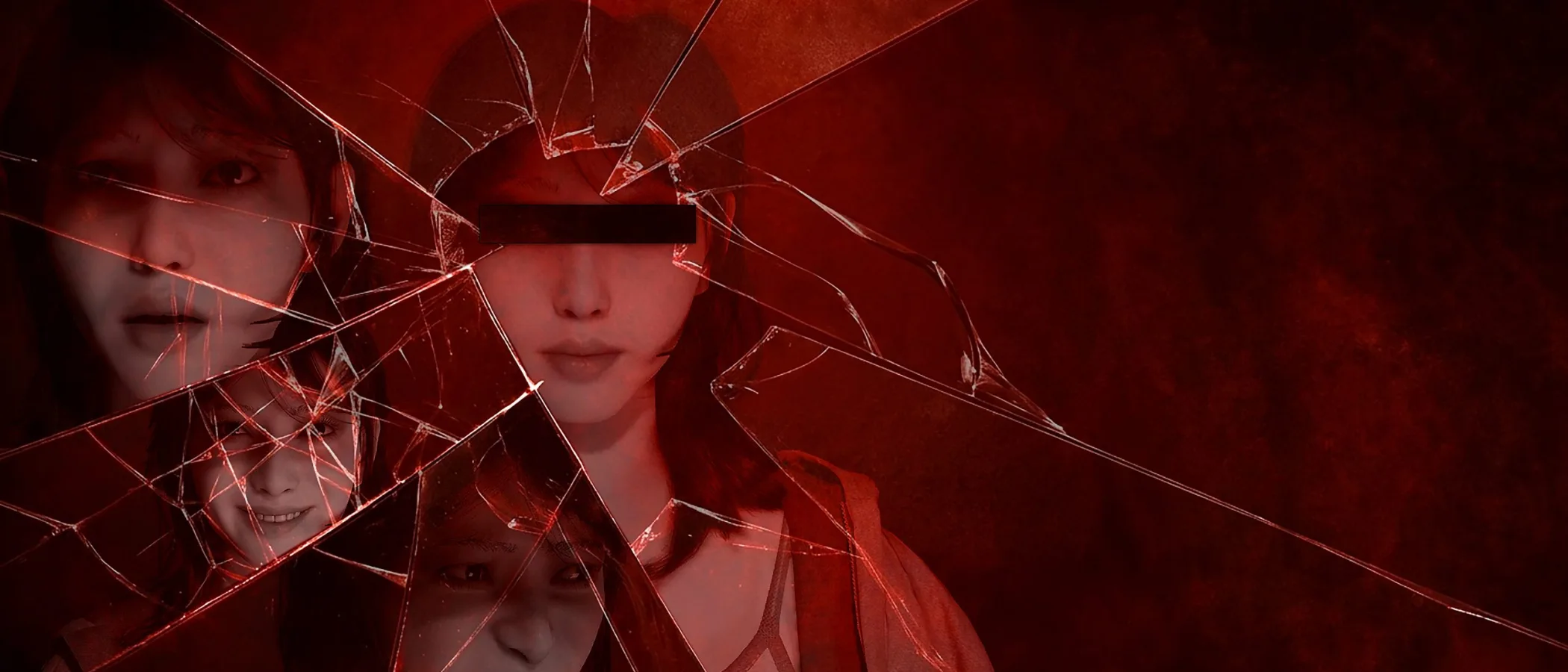 Three versions of Junko appear in fragments of a shattered mirror against a red backdrop in BrokenLore: DON'T LIE artwork.