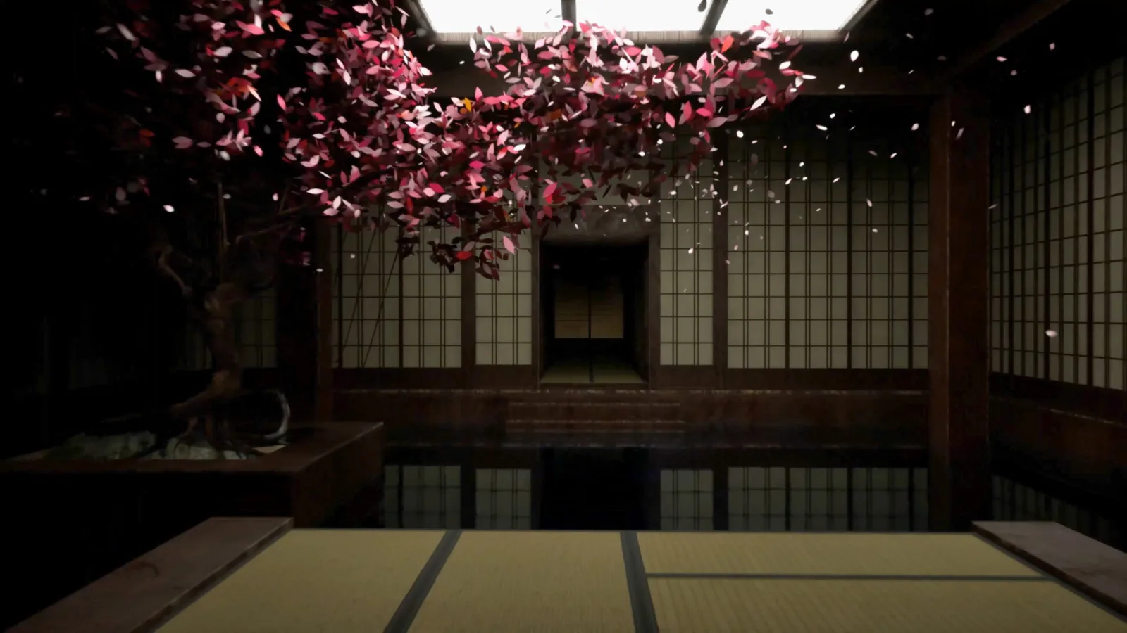 Red leaves swirl above a Japanese-style room in BrokenLore: DON'T LIE.