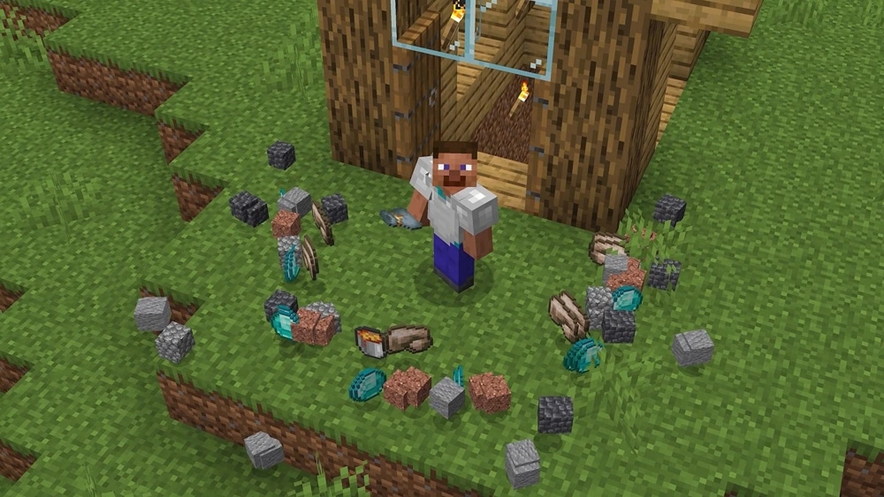 Steve stands on grass surrounded by scattered Minecraft items