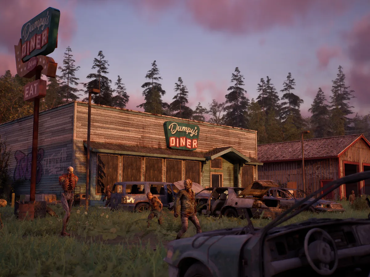 Zombies outside a roadside diner in an official State of Decay 3 screenshot