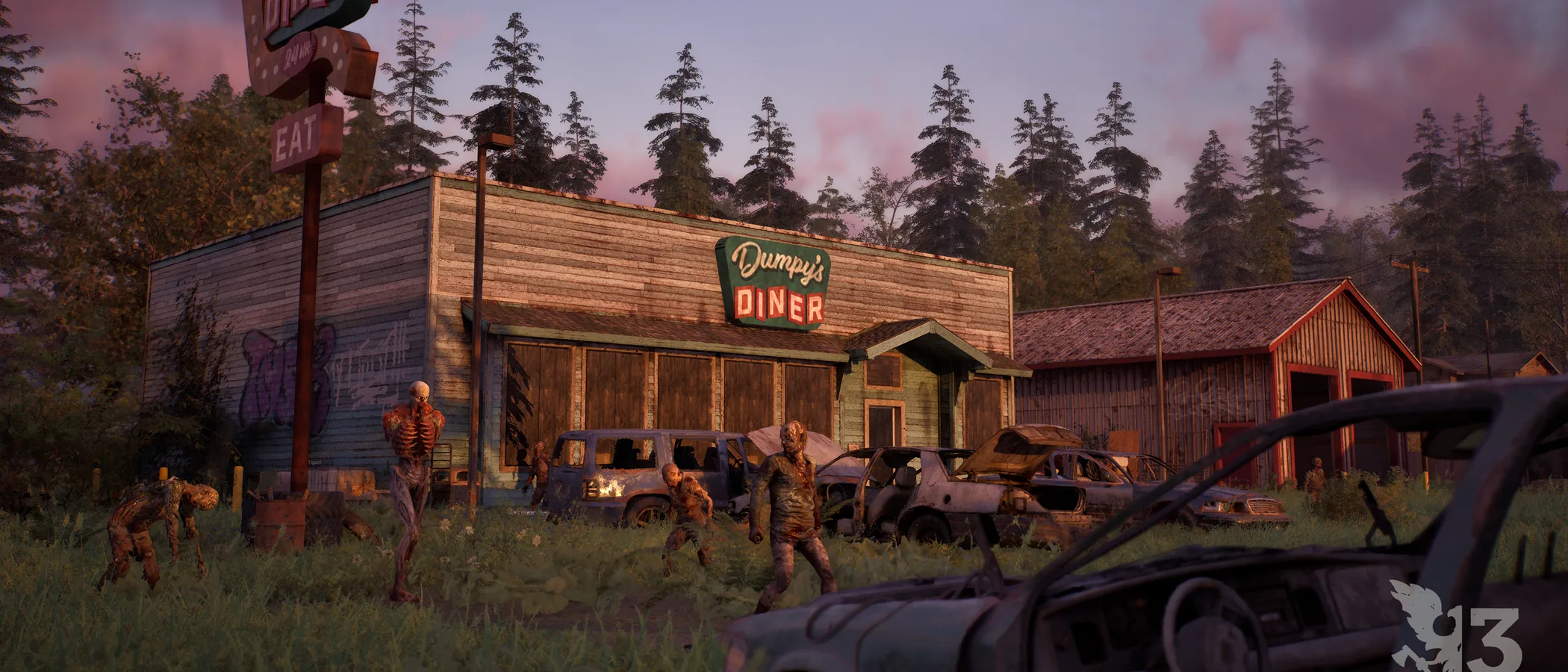 Zombies outside a roadside diner in an official State of Decay 3 screenshot