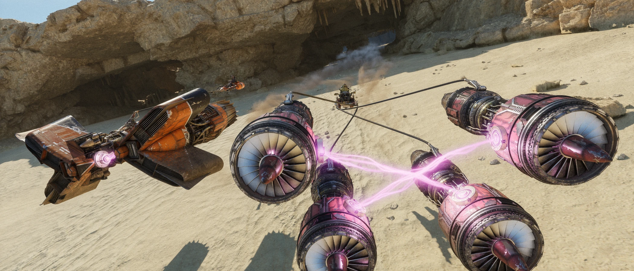 Podracers race across a sandy canyon in Star Wars Galactic Racer.