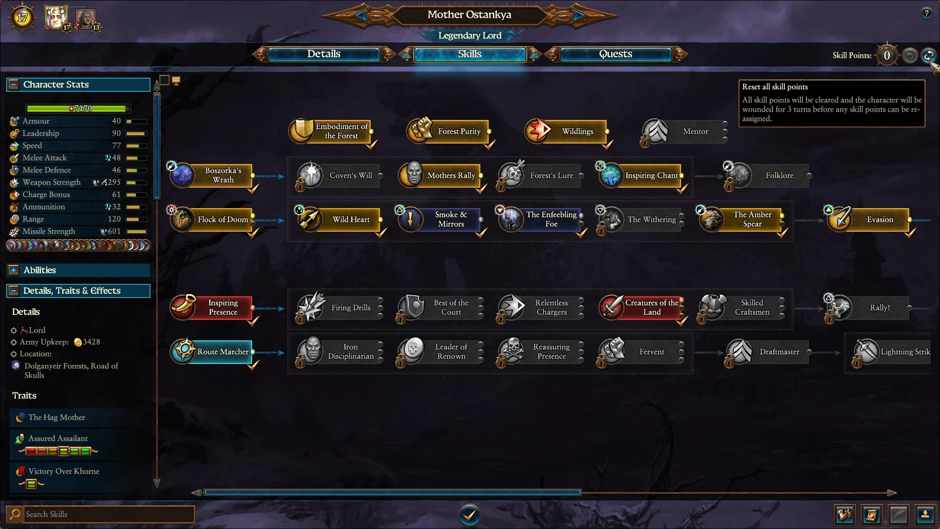Mother Ostankya Skills tab with the Reset all skill points tooltip in the upper right.