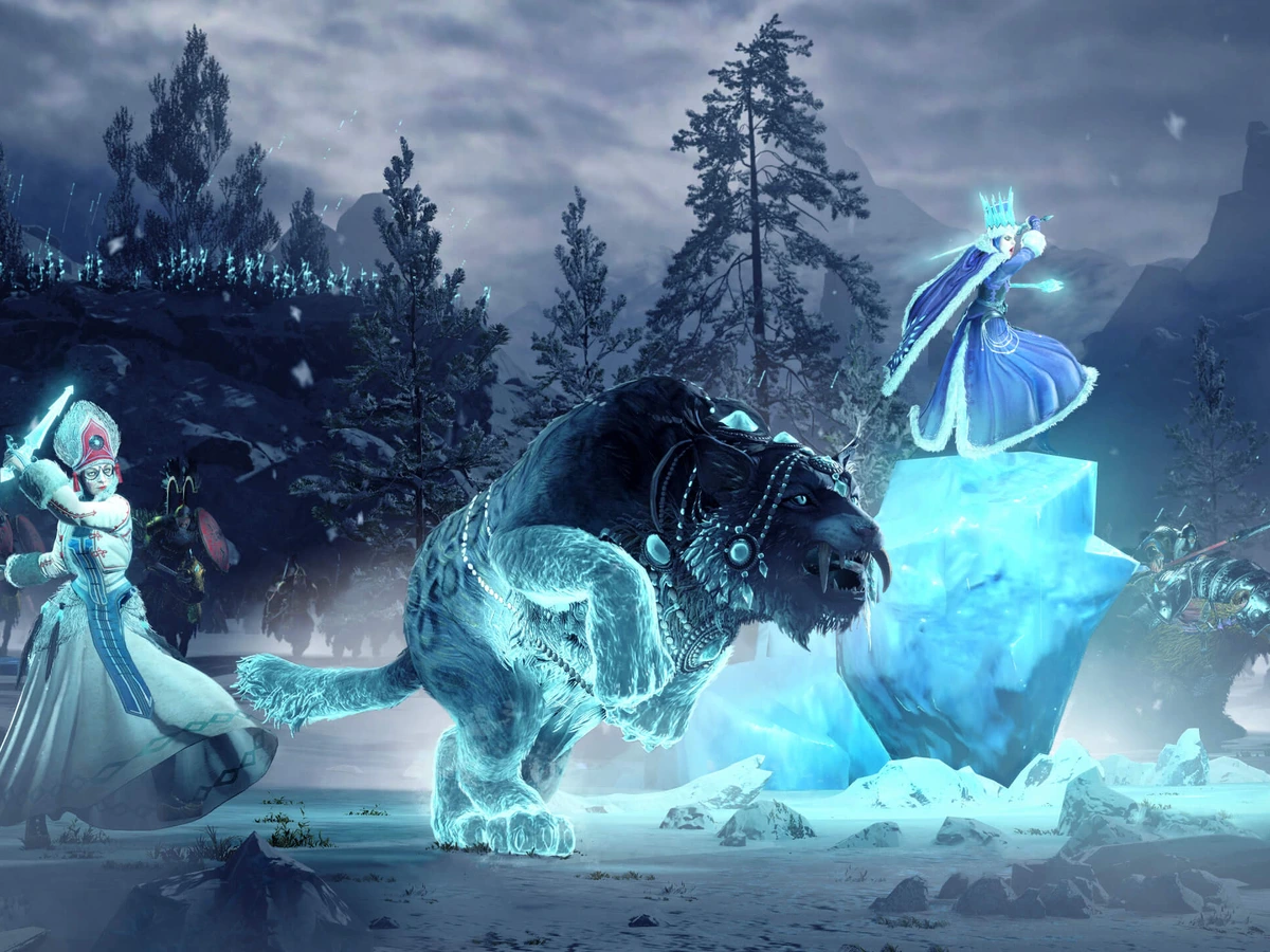 Kislev characters and an elemental bear on a snowy Warhammer III battlefield.