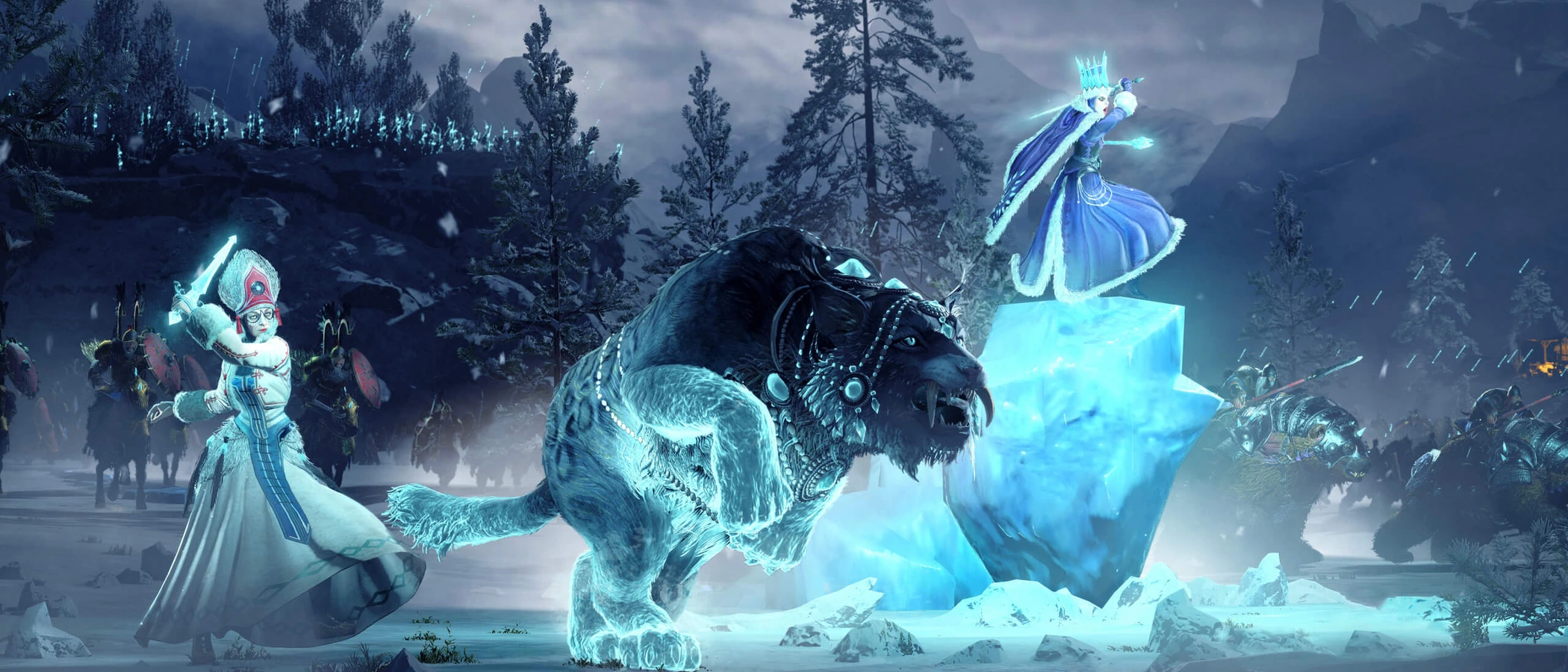 Kislev characters and an elemental bear on a snowy Warhammer III battlefield.