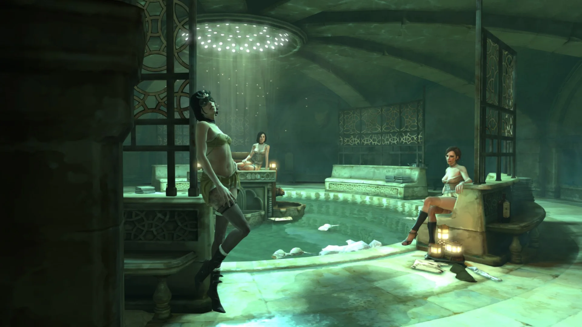 Masked guests and a guard occupy an ornate room in Dishonored.