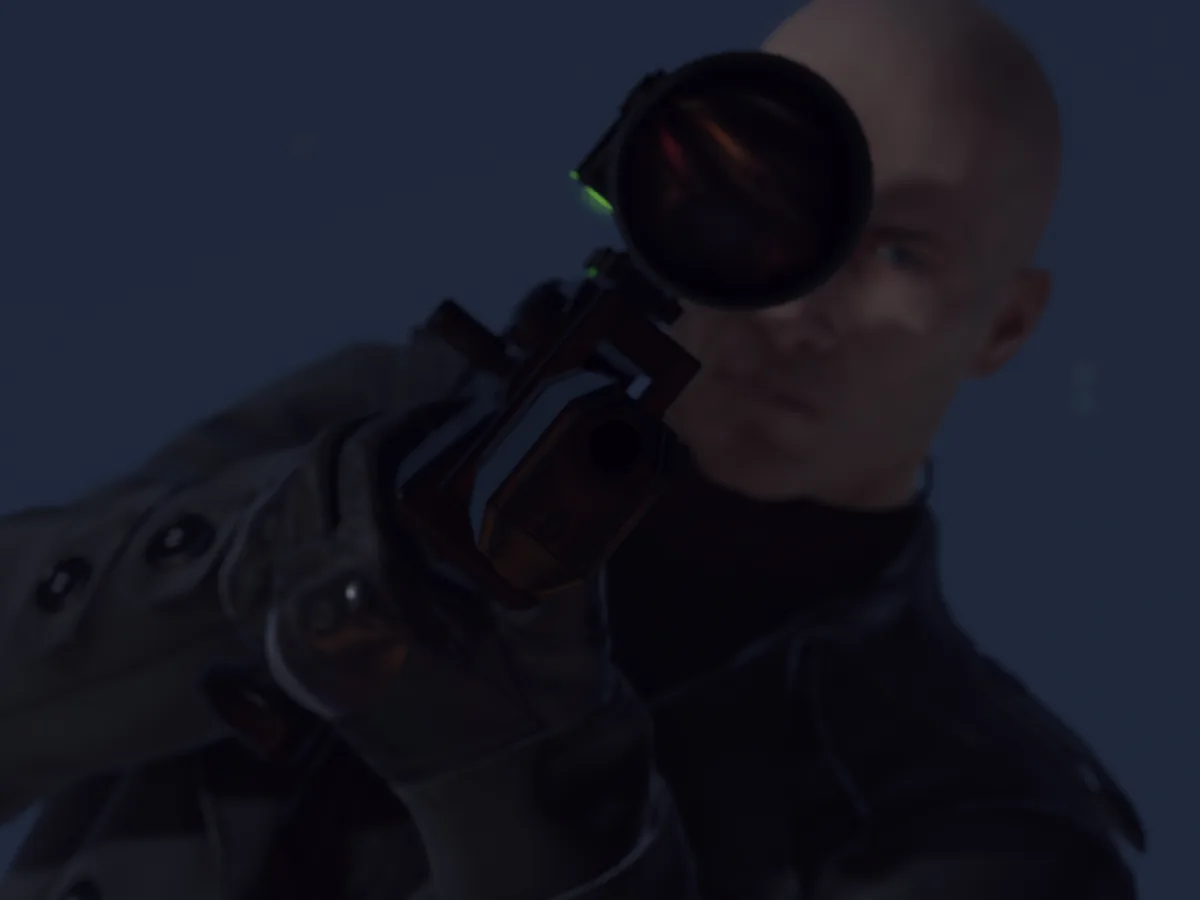 Agent 47 stands among a crowd of guests in a dark interior in HITMAN.