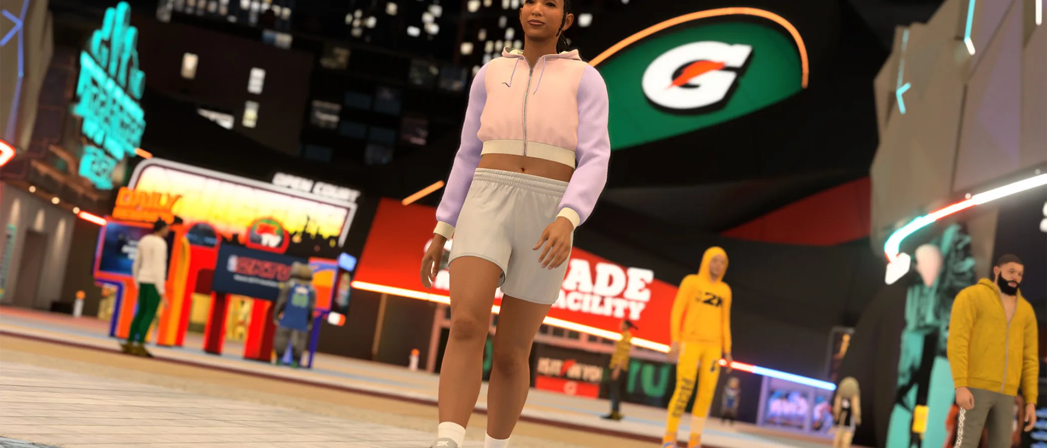 A female MyPLAYER stands on a basketball court in NBA 2K27's City.
