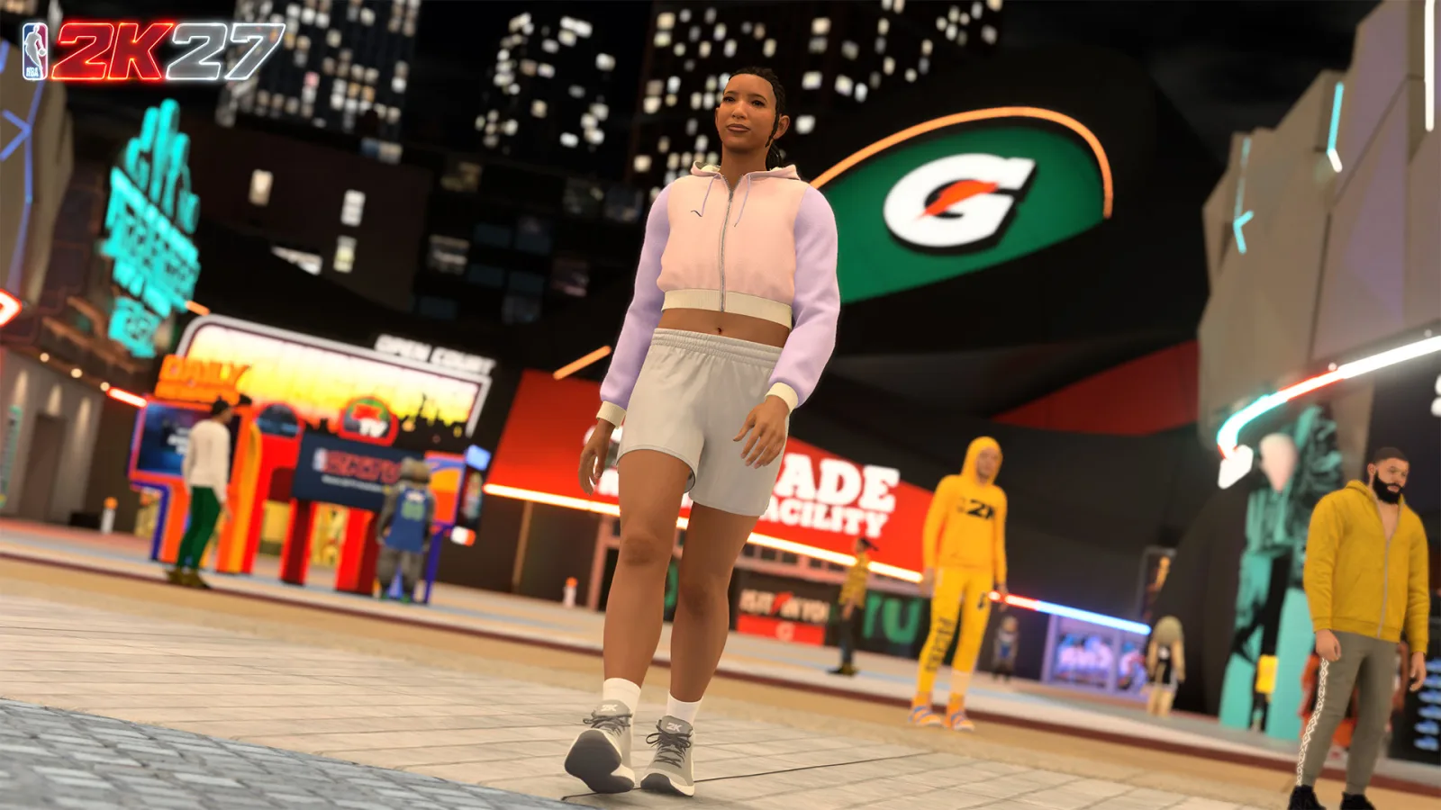 A female MyPLAYER stands on a basketball court in NBA 2K27's City.