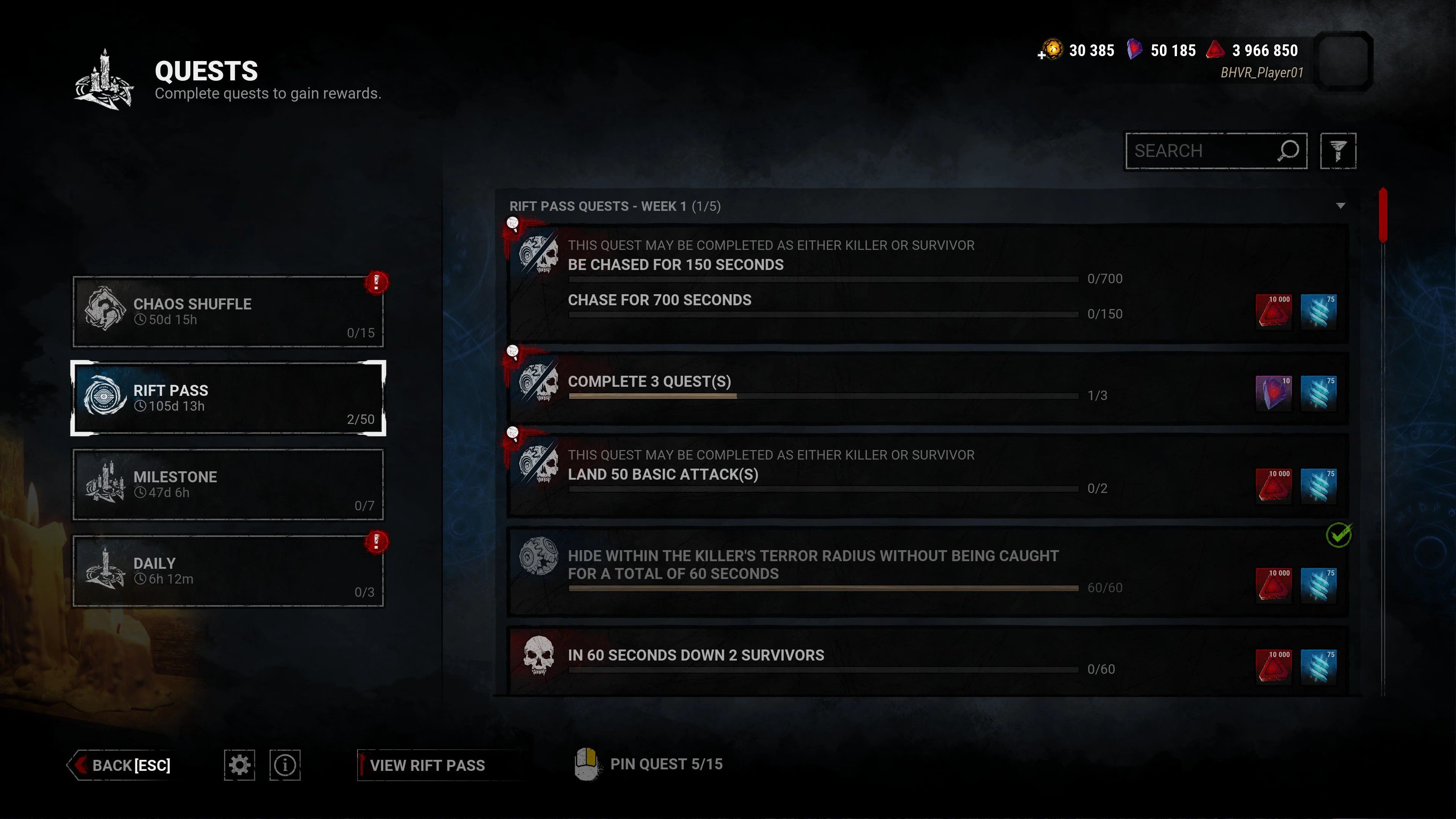 Official May 2025 Rift quest preview with objectives, completion counters and different currency rewards.
