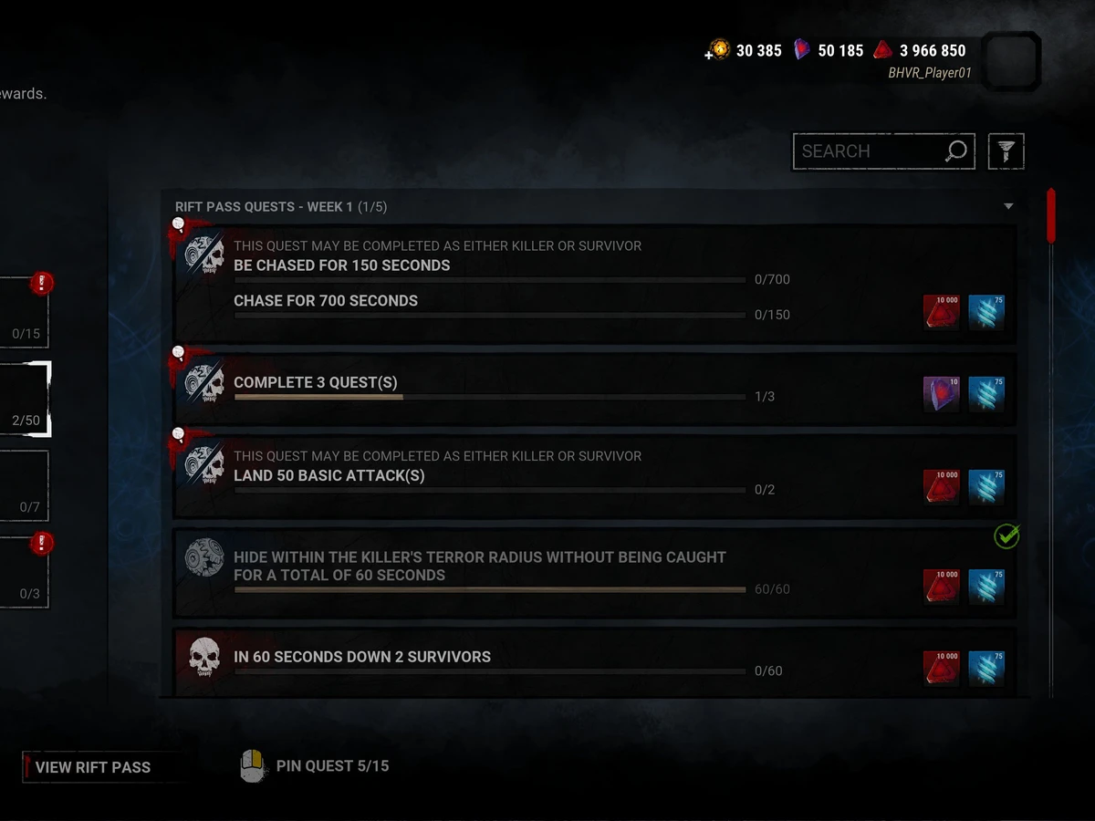 Dead by Daylight Rift Pass quest screen showing a purple Iridescent Shard reward and blue Rift Fragments.